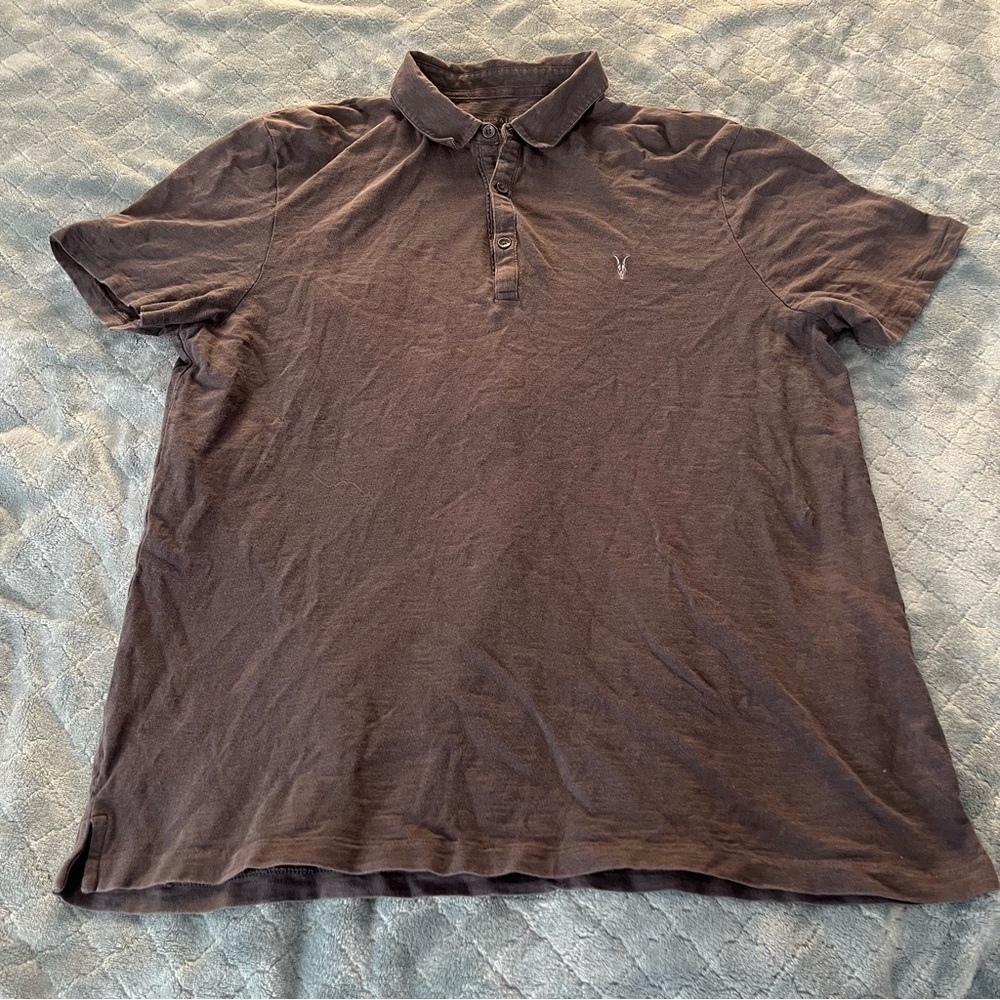 AllSaints Mens XL Dark Gray Slub Cotton Ramskull Logo Short Sleeve Polo Shirt